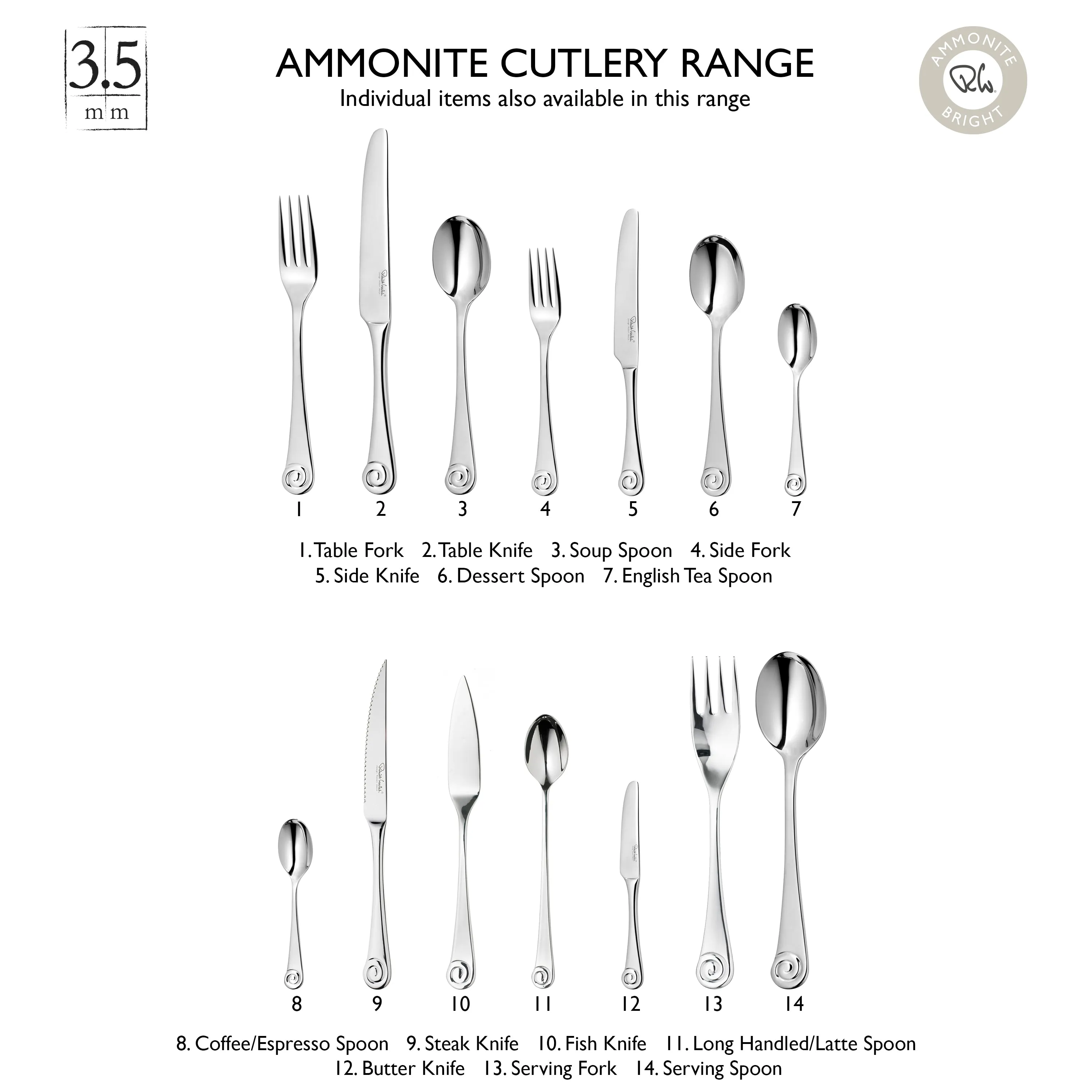 Ammonite Bright Cutlery Set, 24 Piece for 6 People