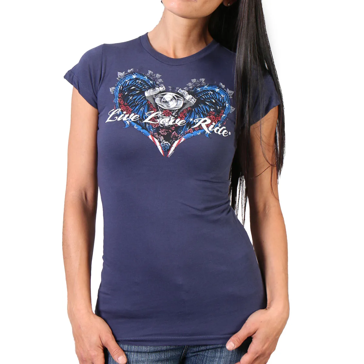 Hot Leathers GLD1297 'Live,Love, Ride' Ladies Angel Wings Navy Blue  T-Shirt