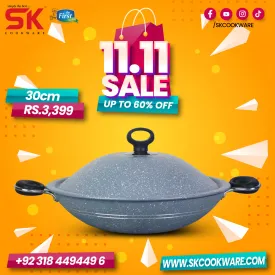 Non Stick Marble Coated Queen Wok (Karahi) - Grey