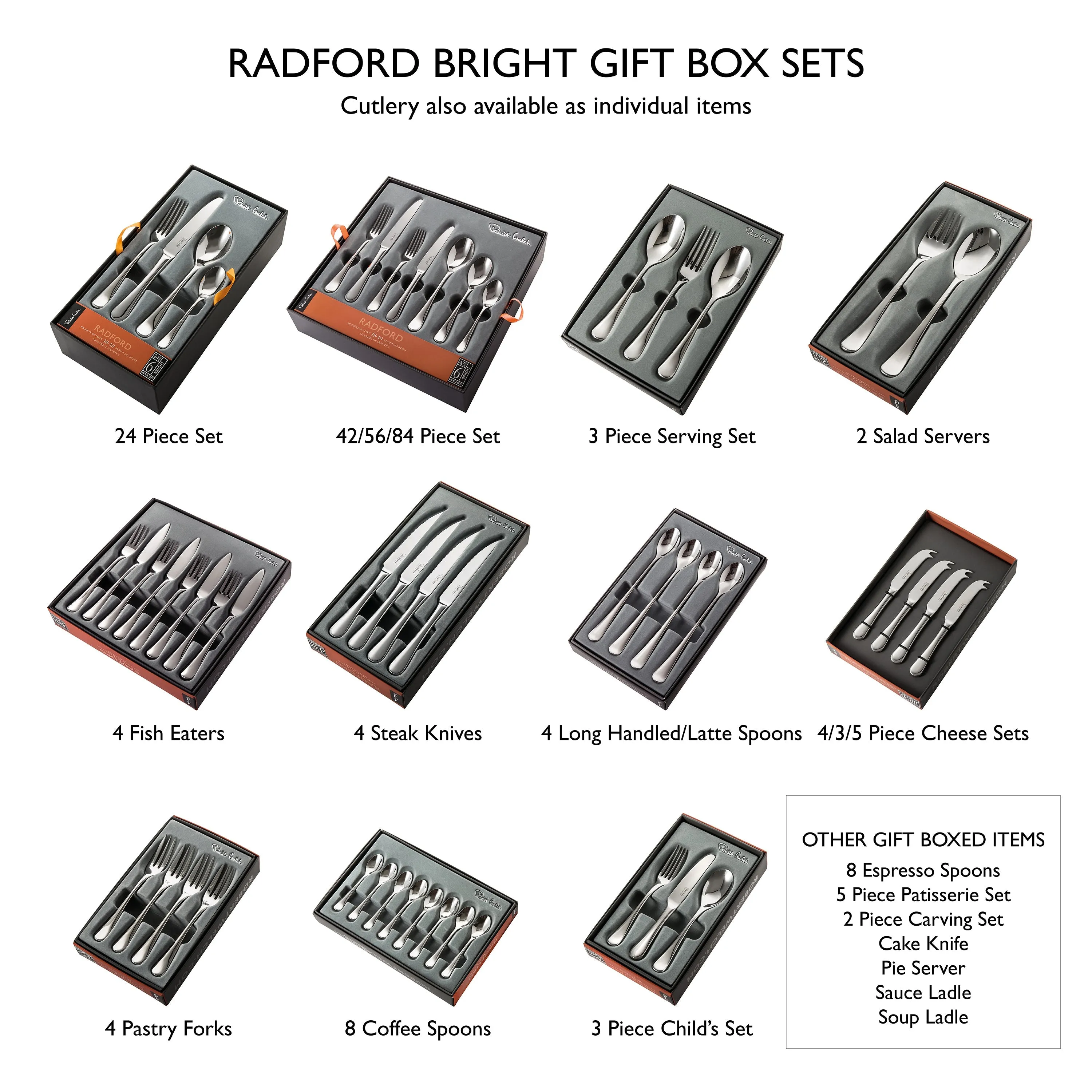 Radford Bright Cutlery Set, 36 Piece Set for 6 People - 6 Free Steak Knives