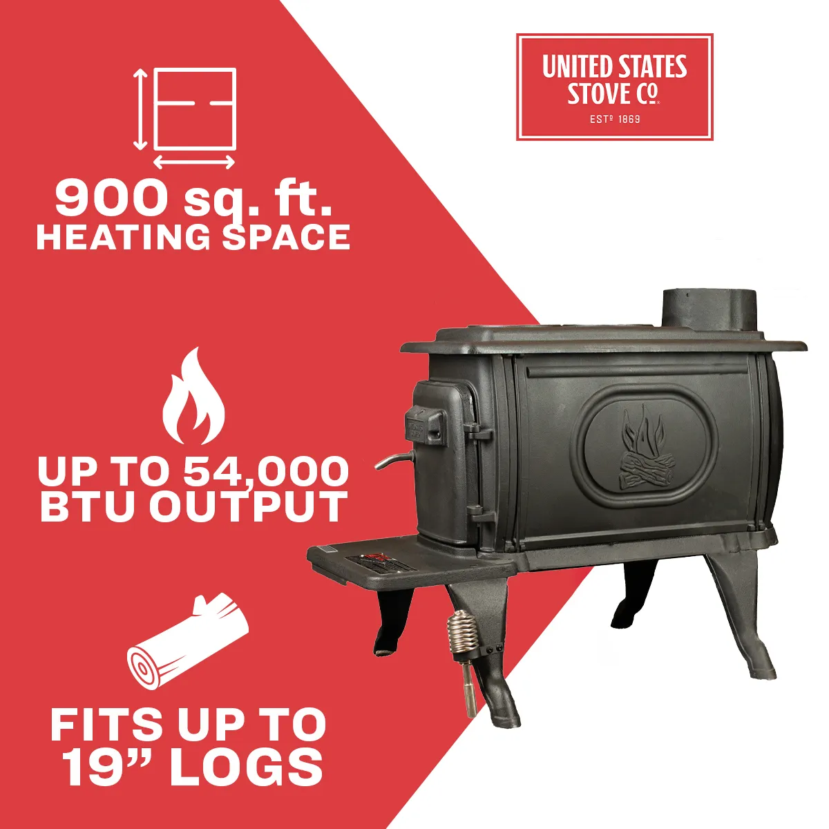 US Stove US1269E Cast Iron Log Wood Stove 900 sq. ft. 54,000 BTU New