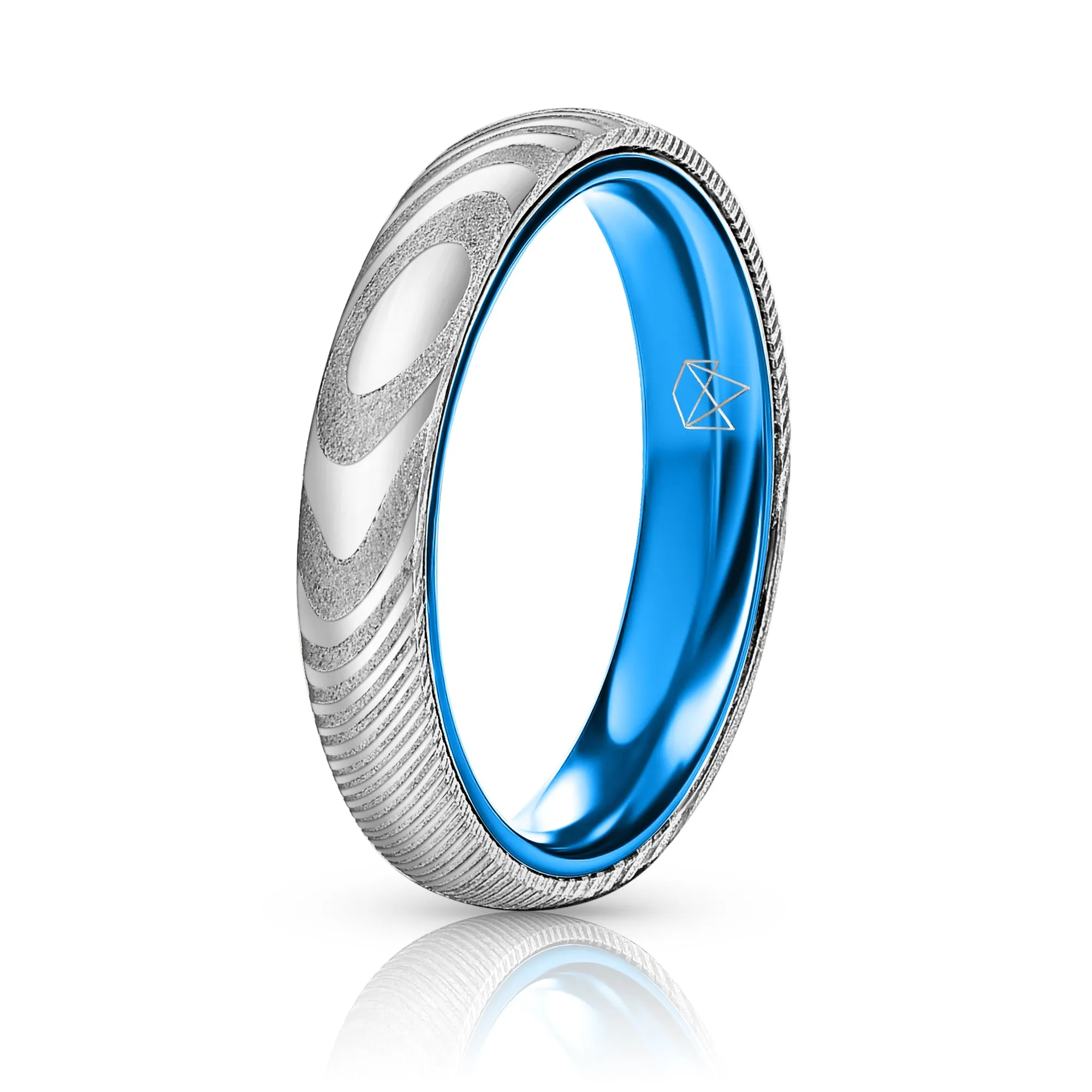 Wood Grain Damascus Steel Ring - Resilient Blue - 4MM