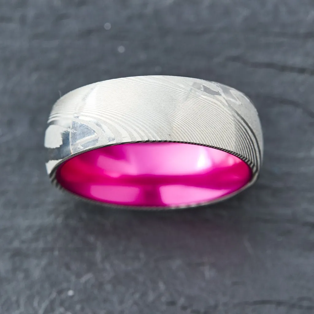 Wood Grain Damascus Steel Ring - Resilient Pink