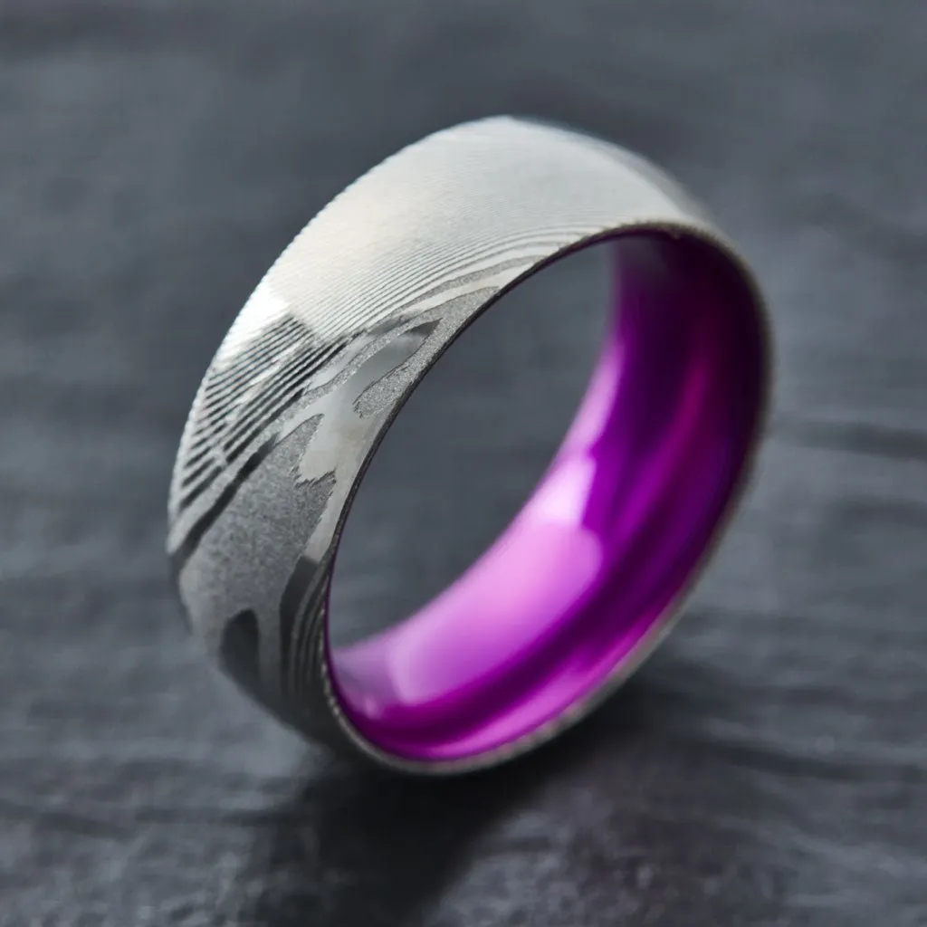 Wood Grain Damascus Steel Ring - Resilient Purple