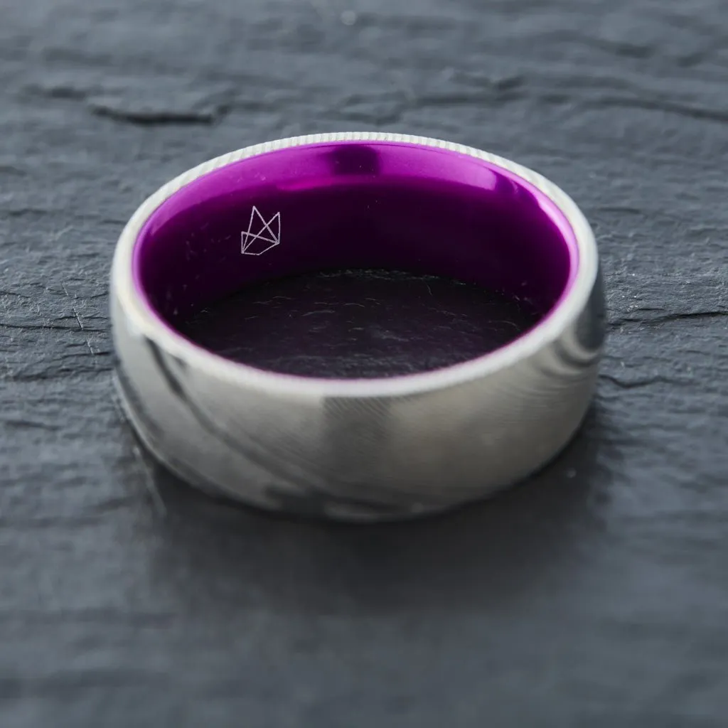 Wood Grain Damascus Steel Ring - Resilient Purple