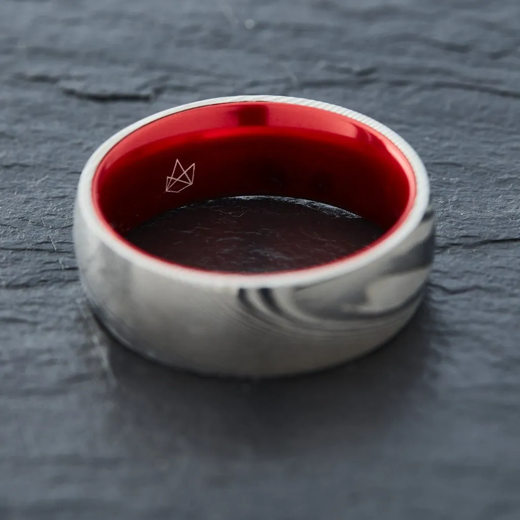 Wood Grain Damascus Steel Ring - Resilient Red