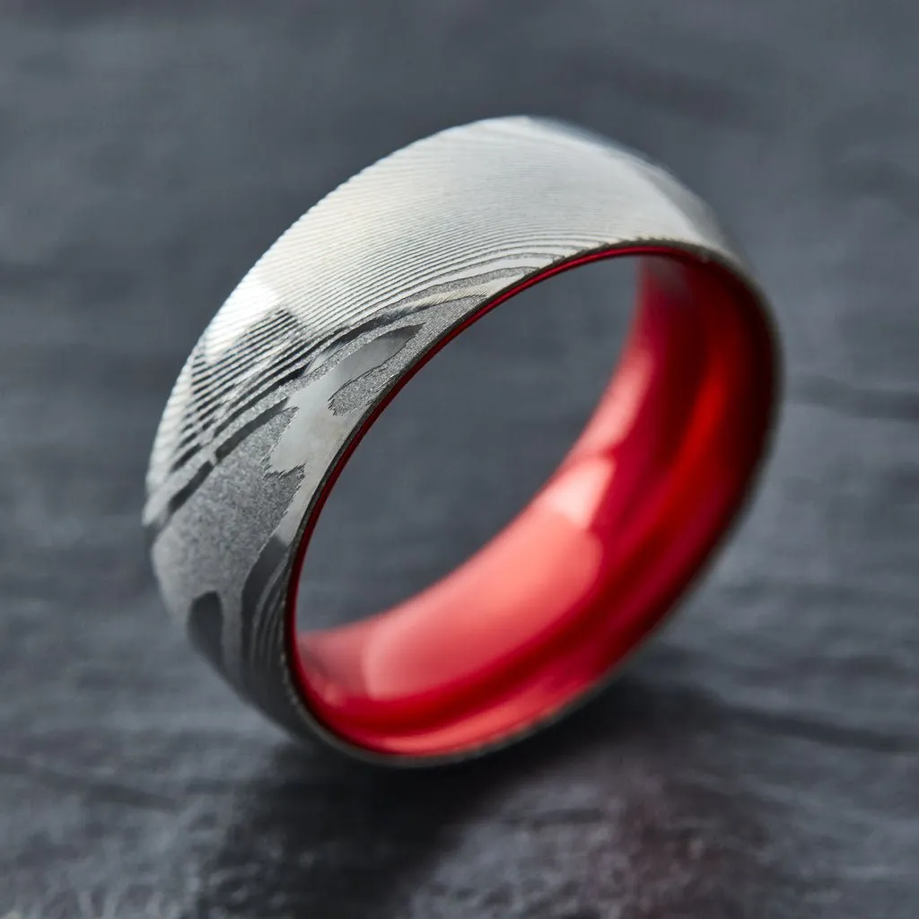 Wood Grain Damascus Steel Ring - Resilient Red